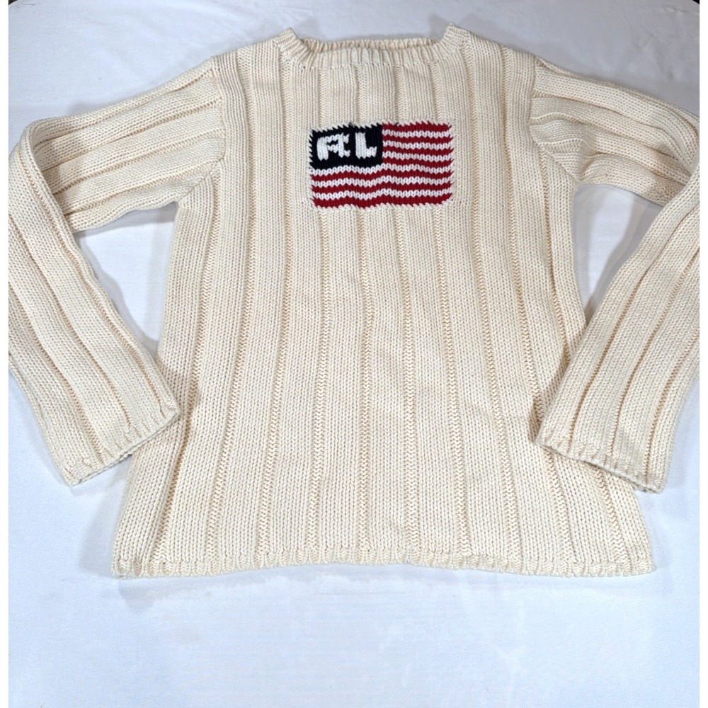 VTG Polo Ralph Lauren Country Cream USA Flag Knit Sweater Womens M - Picture 3 of 7